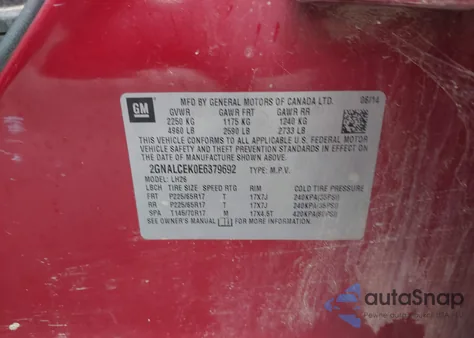 2014 Chevrolet Equinox 2Lt from USA, damaged, VIN 2GNALCEK0E6379692